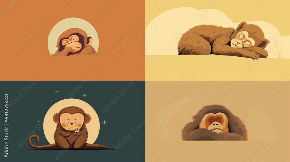 Poster a series of four images with different animals on them, including a monkey, a monkey, and a monkey. 