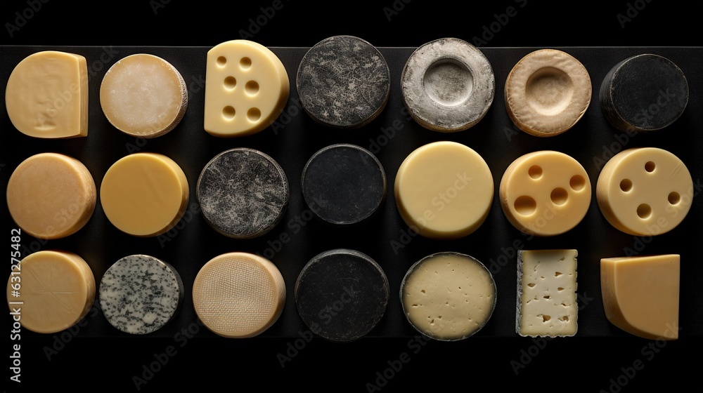 Poster a collection of different types of cheese on a black surface. generative ai