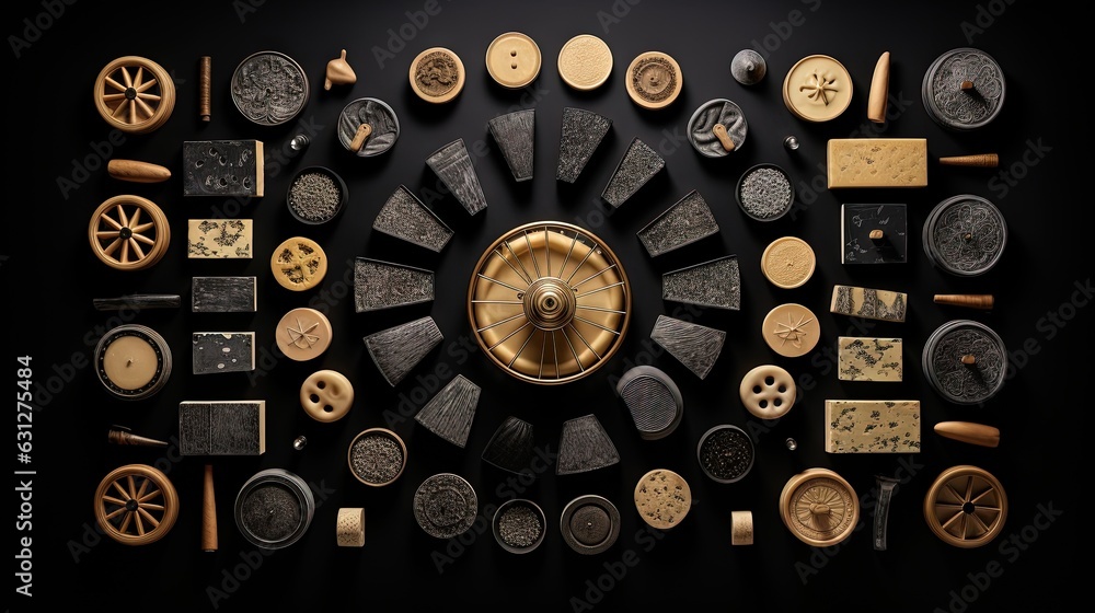 Poster a group of different types of buttons and wheels on a black surface. generative ai
