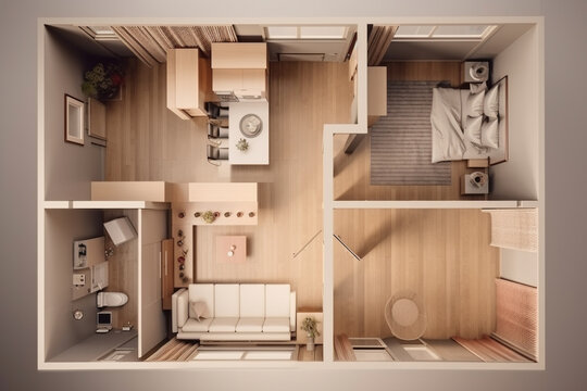 Visualization of residential apartments with furniture and plumbing according to the architectural plan; top view. Abstract generated illustration.
