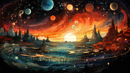 landscape with planets and clouds