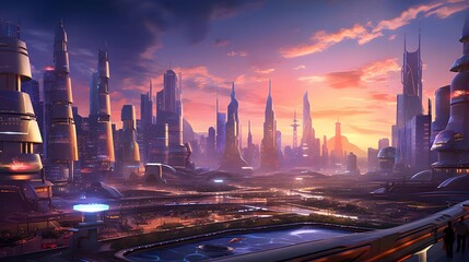 Naklejka na ściany i meble Futuristic city panorama at sunset. 3D rendering.