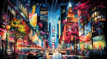Fototapeta na wymiar New York City Manhattan night view with skyscrapers and neon lights