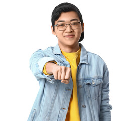 Young Asian man with clenched fist on white background