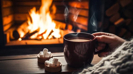 Foto op Aluminium mug of hot chocolate or coffee by the Christmas fireplace. Woman relaxes by warm fire with a cup of hot drink. Winter, Christmas holidays concept © petrrgoskov