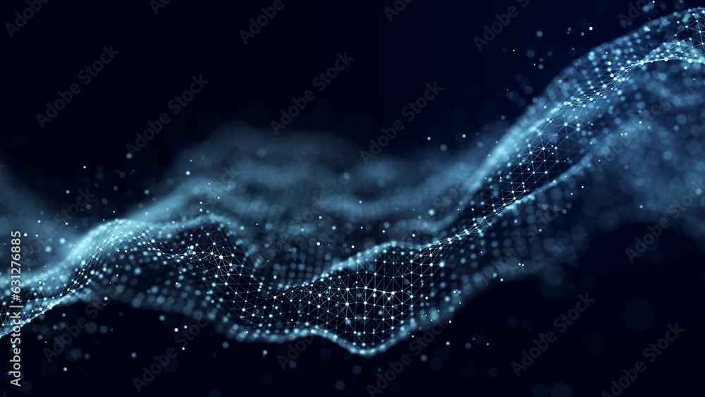 Poster abstract background grid of interlacing lines and dots. futuristic blue particle wave. structure of 