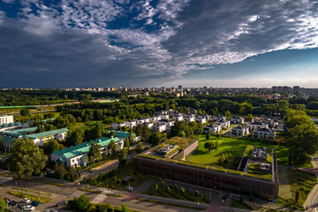 Wilanow, Warsaw, drone, bird view, aerial, city, urban, street, building, roof, sky, clouds, summer...