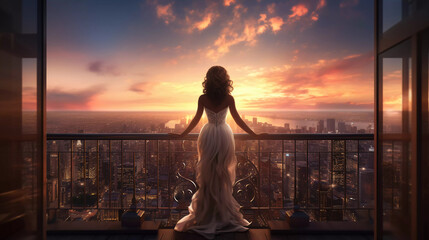Young woman at the balcony of a luxury penthouse at sunset time