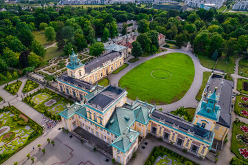 Wilanow, Warsaw, drone, bird view, aerial, city, urban, street, building, roof, sky, clouds, summer time - obrazy, fototapety, plakaty