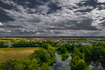 Fototapeta na wymiar Wilanow, Warsaw, drone, bird view, aerial, city, urban, street, building, roof, sky, clouds, summer time