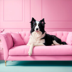 Un perro de raza border collie acostado en un sofá elegante rosa. Vista de frente y de cerca. Copy space.  IA Generativa