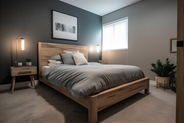 AI generative image of bedroom with bed and plants and some furniture