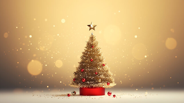 Beautiful decorated gold christmas tree with present boxes on shiny background with christmas lights