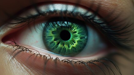  a close up of a person's eye with a green iris.  generative ai