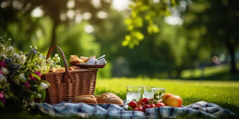 Picnic sunlit lush green park, checkered blanket, flowers, woven basket brimming with fresh fruits and bread beside a spread of refreshing drinks and snacks.