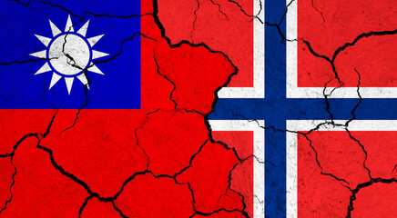 Flags of Taiwan and Norway on cracked surface - politics, relationship concept