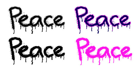 Text PEACE is written with aerosol spray paint in black and pink variations. Paint drips in droplets, splashes, and paint stains. Street art. Vector isolated on a white background. - obrazy, fototapety, plakaty