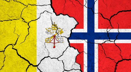 Flags of Vatican City and Norway on cracked surface - politics, relationship concept - obrazy, fototapety, plakaty