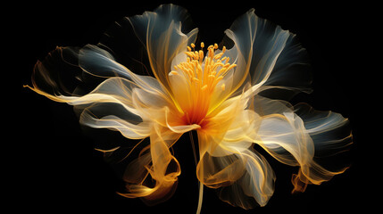 Golden x-ray image of a ethereal flower on black. Fantasy mystical blossom. Generative AI