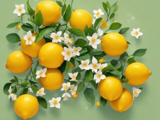 Yellow lemons and flowers pattern, AI generated