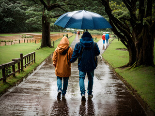 Una pareja caminando por un parque un día nublado y lluvioso. Vista de frente y de cerca. IA Generativa