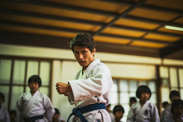 Intense and focused training session at a traditional judo dojo, showcasing the art, discipline, and rigor of the martial sport