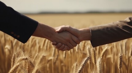 Close up of two mens shaking hands with wheat field on the background