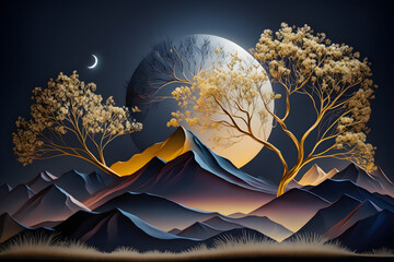 Abstract modern and creative 3d interior mural wall art wallpaper with moon and Dark Blue Mountains. 3D Abstraction Wallpaper for Home Wall. AI generated