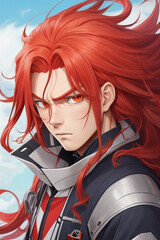 An anime boy with long flowing red hair and a determined look
