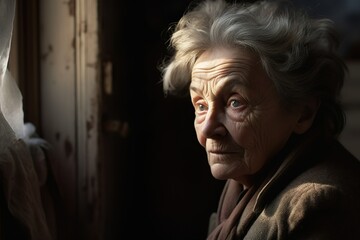 Portrait of a sad elderly woman sitting at the window at home. Generative AI