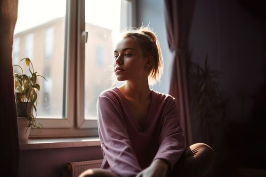 Young woman sitting on the windowsill at home and looking out the window. Generative AI
