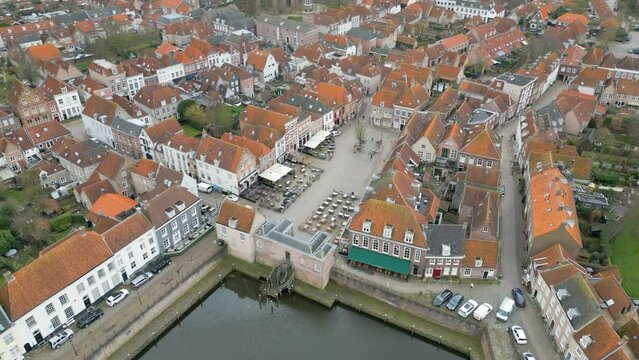 Aerial drone video of the typical dutch fortified town named Heusden in the Netherlands