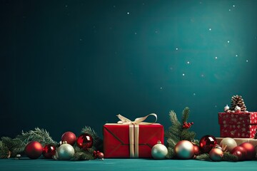 Merry Christmas banner with blank space for text, green background, giftboxes, fir tree branches, red and green ornaments