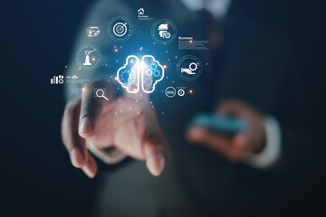 businessman hand light bulb global internet connection Internet cloud technology for digital marketing business finance and banking digital link technology big data
