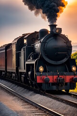 Naklejka premium Old steam locomotive. Train with wagons. Black smoke and soot. Generative AI