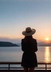 The girl is worried about the sunset on the shore of the lake among the mountains. View from the back. Generative AI
