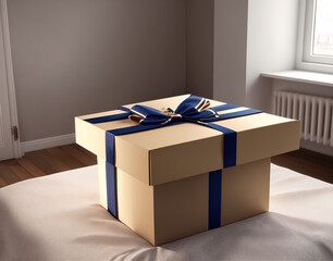 A large gift box with a bow is in the room on the bed. Generative AI