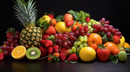 Fresh fruit medley like berries, citrus fruits, and tropical fruits arranged. AI generated