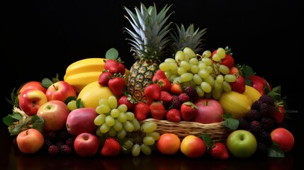 Naklejka na ściany i meble Fresh fruit medley like berries, citrus fruits, and tropical fruits arranged. AI generated