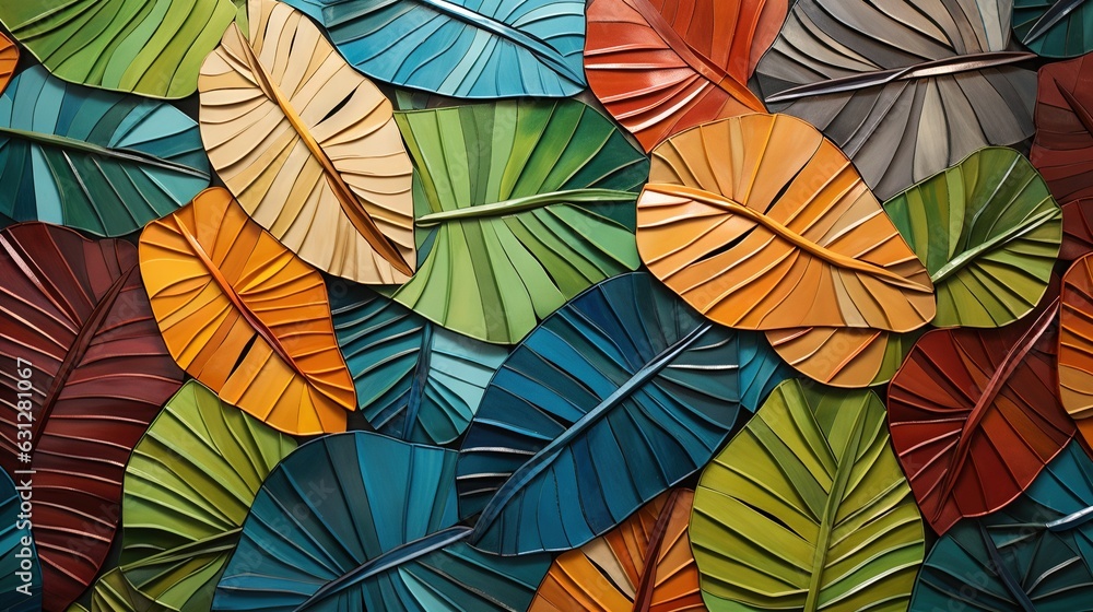 Poster a painting of a colorful leaf pattern on the wall of a building. generative ai