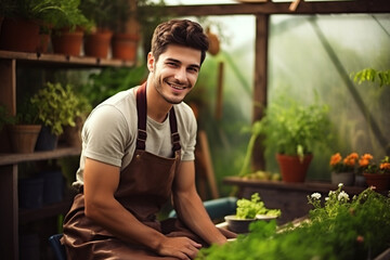 Agriculture, lifestyle, food concept. Young, beautiful and happy man wearing a brown apron in the small back garden, working in the greenhouse and growing vegetables. Generative AI
