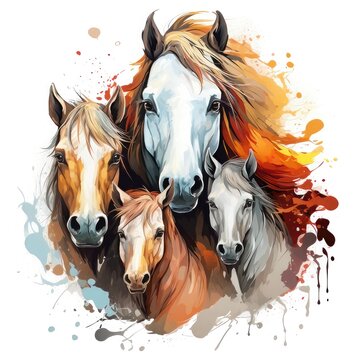 Horses with colorful blots on white background. Vector illustration
