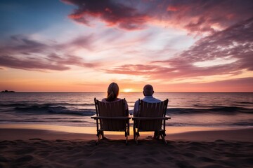 Fototapeta na wymiar Elderly Couple Sitting on a Beach at Sunset Generative AI