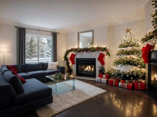 Wide-shot photo of a cozy family room with Christmas decoration. Interior design.