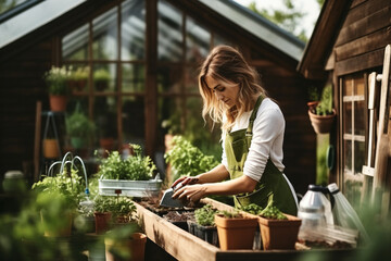 Naklejka na ściany i meble Agriculture, lifestyle, food concept. Young, beautiful and happy woman wearing a brown apron in the small back garden, working in the greenhouse and growing vegetables. Generative AI