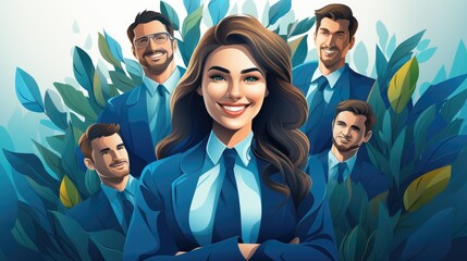 Smiling young woman point up at good deal business team in front of a team