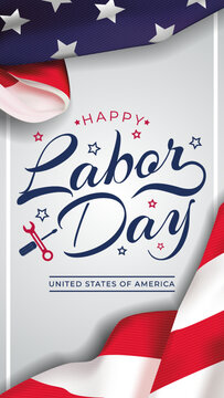 USA Labor Day vertical greeting card with brush in United States national flag colors and hand lettering text Happy Labor Day. Vector illustration.