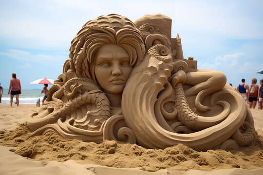 Sand sculpture competition taking place at a beach, showcasing creativity and the playful aspect of sand