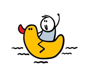 Cute little child swim and sail on the yellow rubber duck on the water. Vector illustration of children game with inflatable toy in swimming pool or sea.