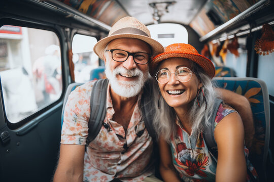 Travel, vacation, lifestyles, leisure and hobbies concept. Happy middle aged couple traveling together. Generative AI